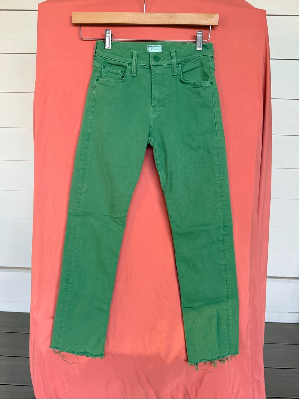 MOTHER Green High Rise Raw Hem Straight Leg Jeans Size 24